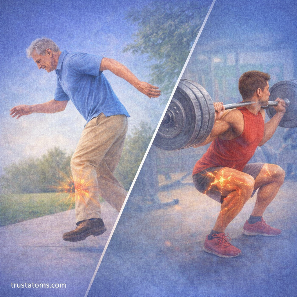 Split illustration showing a person regaining balance while stumbling and an athlete performing a squat demonstrating stretch reflex in movement.