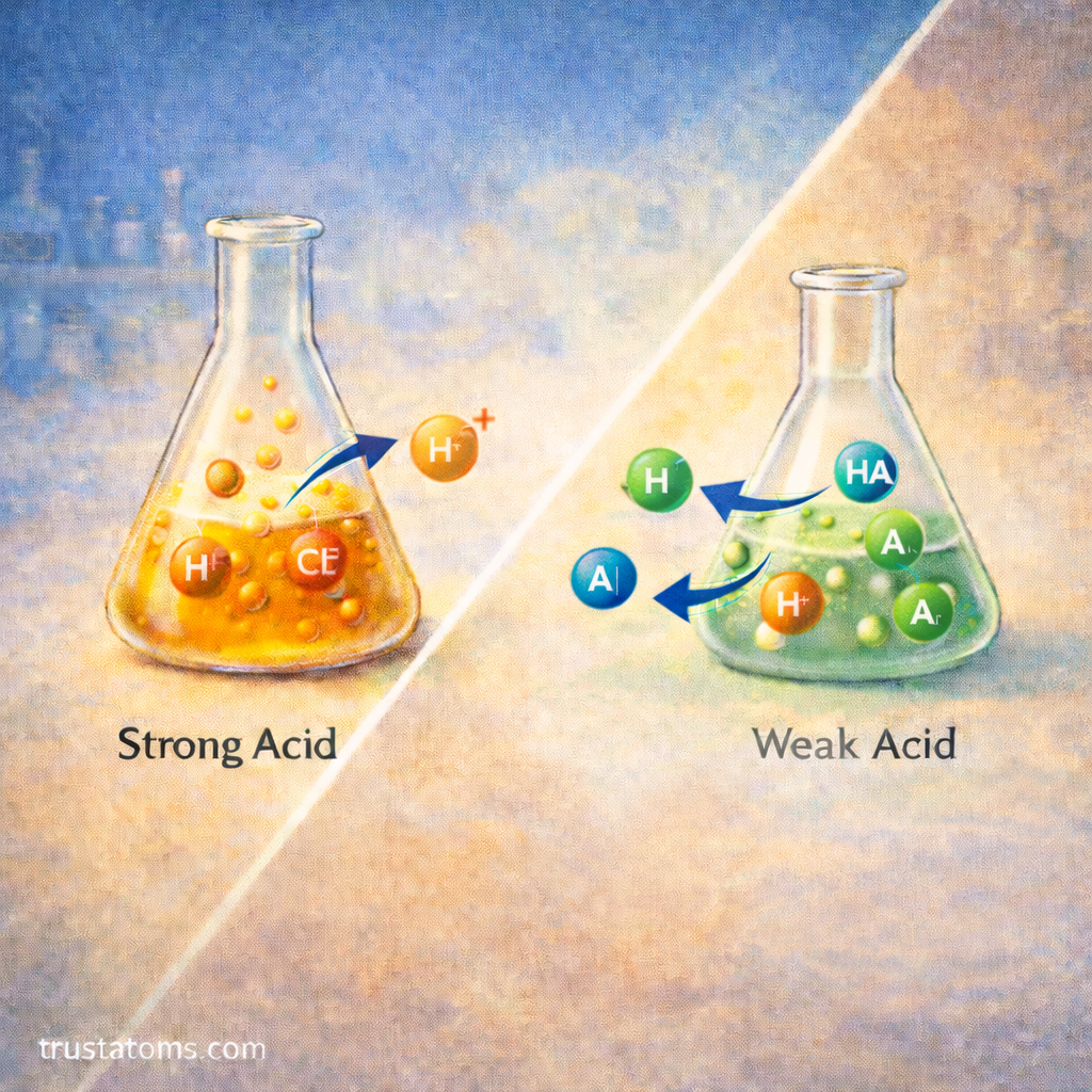 Educational split illustration comparing strong acid and weak acid dissociation in two laboratory flasks with simplified ion particles.