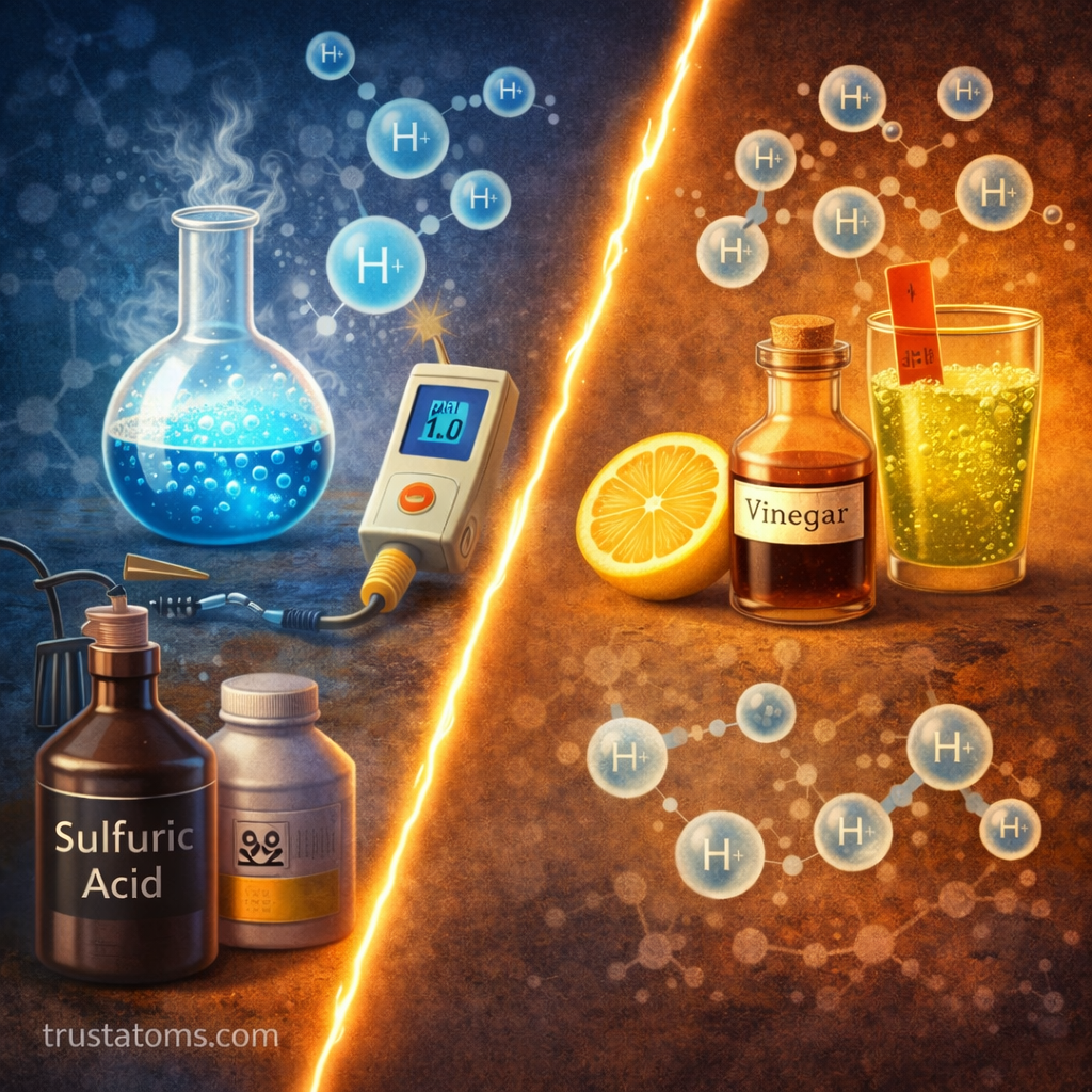 Split illustration comparing strong and weak acids, showing laboratory acid on one side and household acids like vinegar and lemon on the other with hydrogen ion symbols.