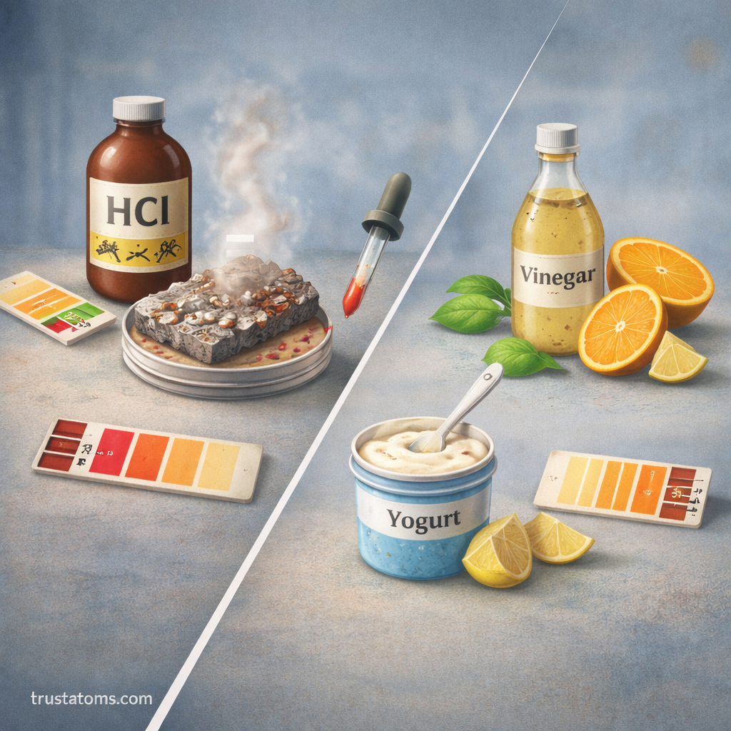 Split educational illustration comparing laboratory strong acids with everyday weak acids like vinegar and lemon to demonstrate differences in acidity.
