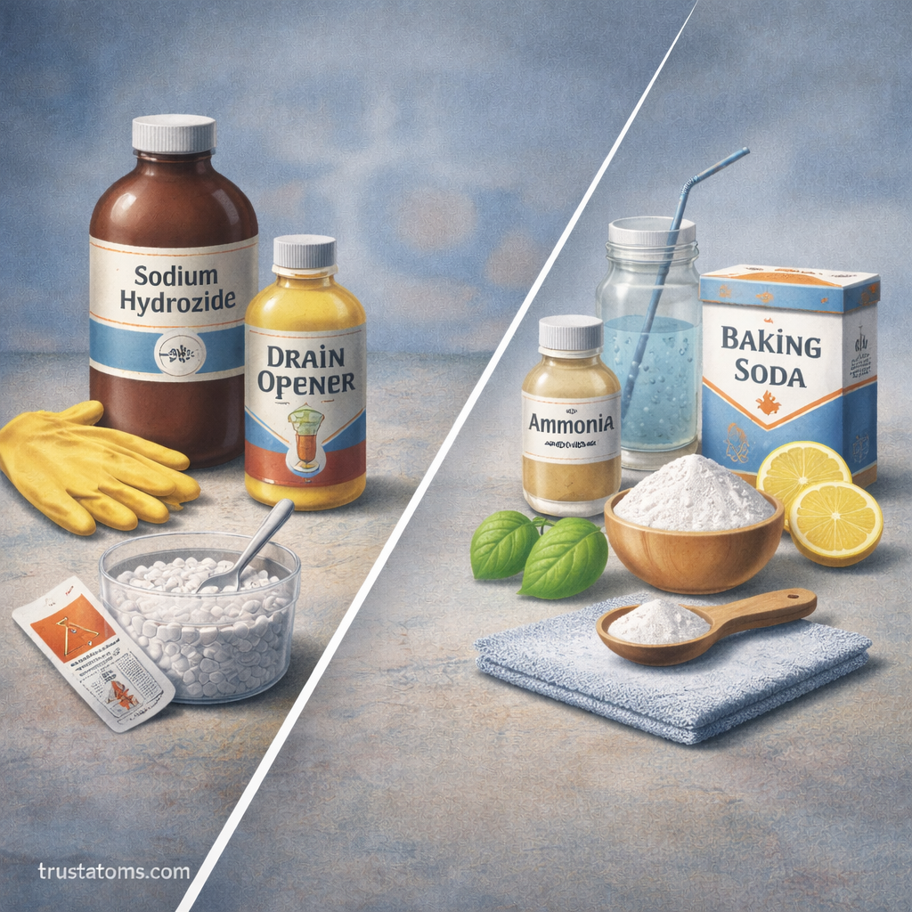 Split educational illustration comparing strong bases used in industrial cleaners with weaker household bases like baking soda and ammonia.