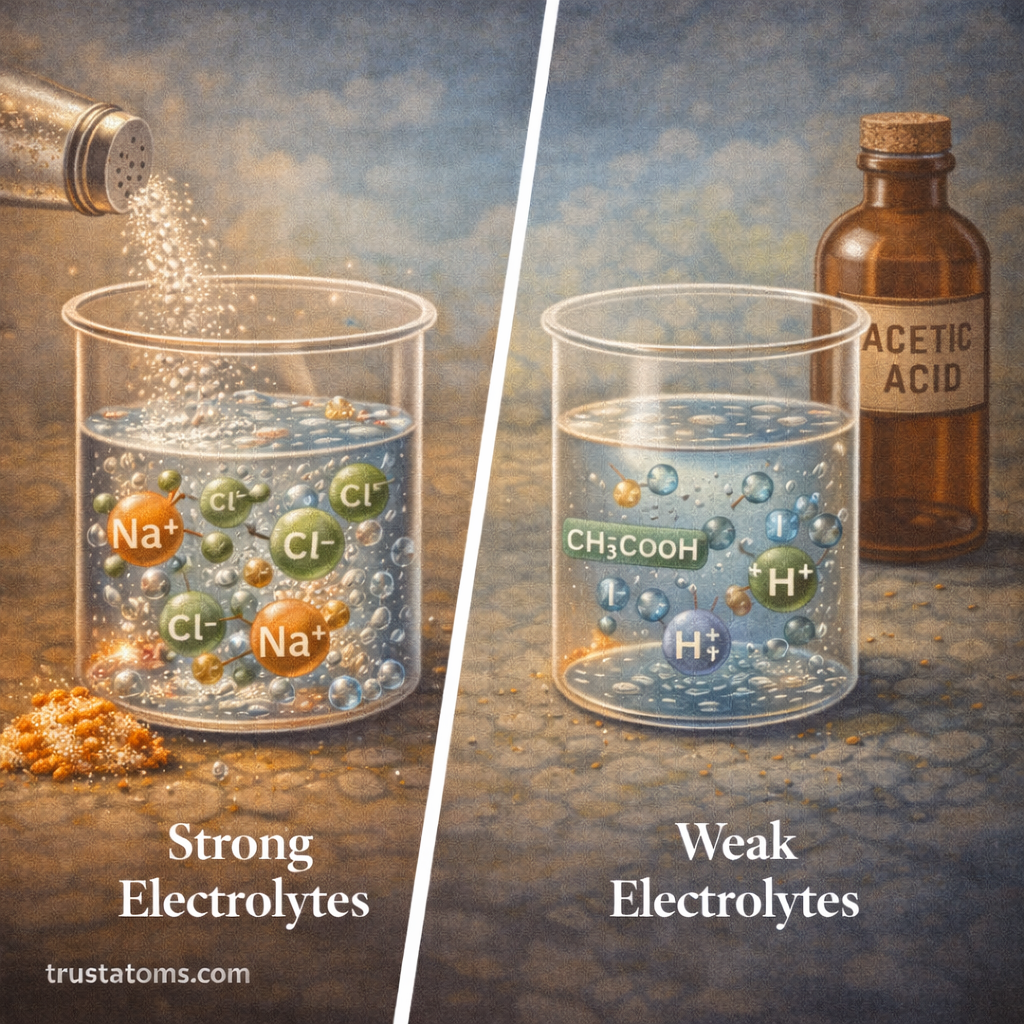 Split illustration comparing strong and weak electrolytes showing salt fully dissolving into ions and acetic acid partially dissociating in solution.