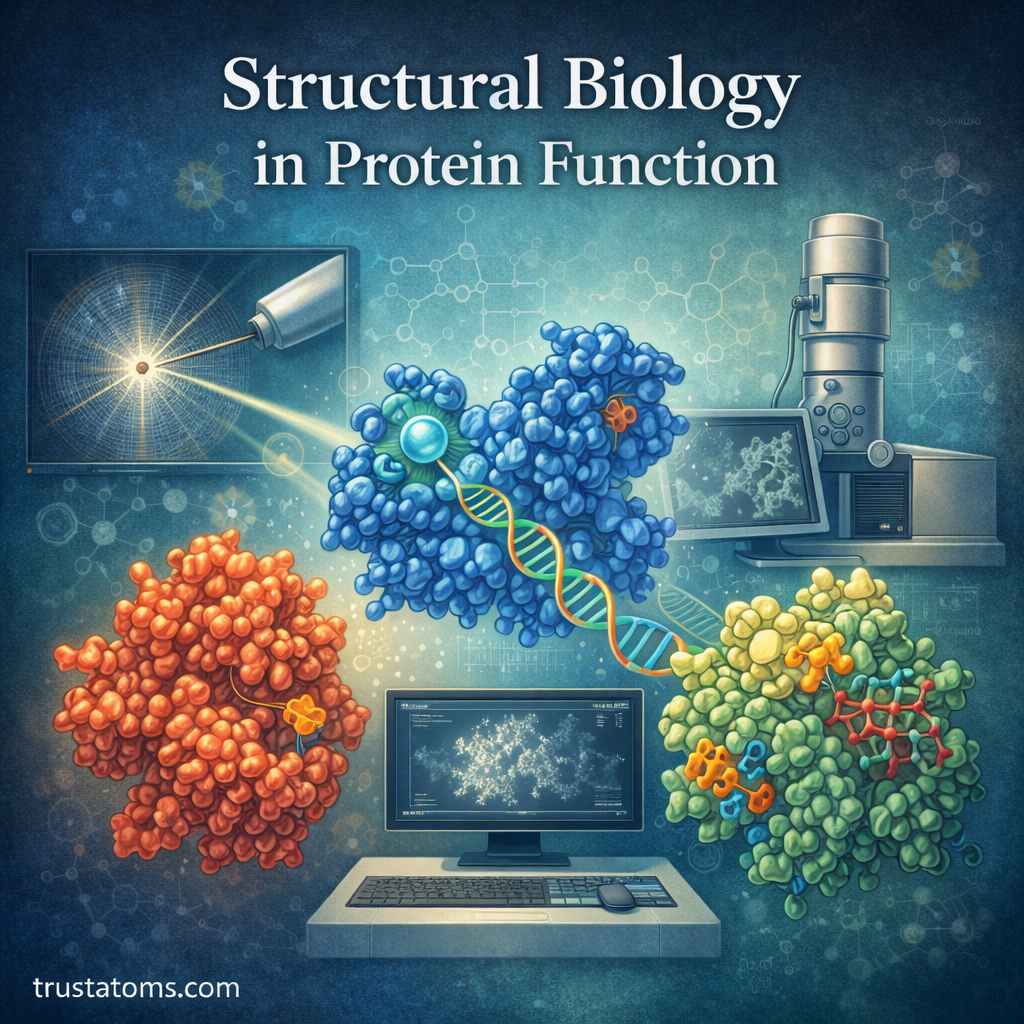 Illustration of structural biology showing three-dimensional protein structures, DNA, and scientific instruments used to study protein function.