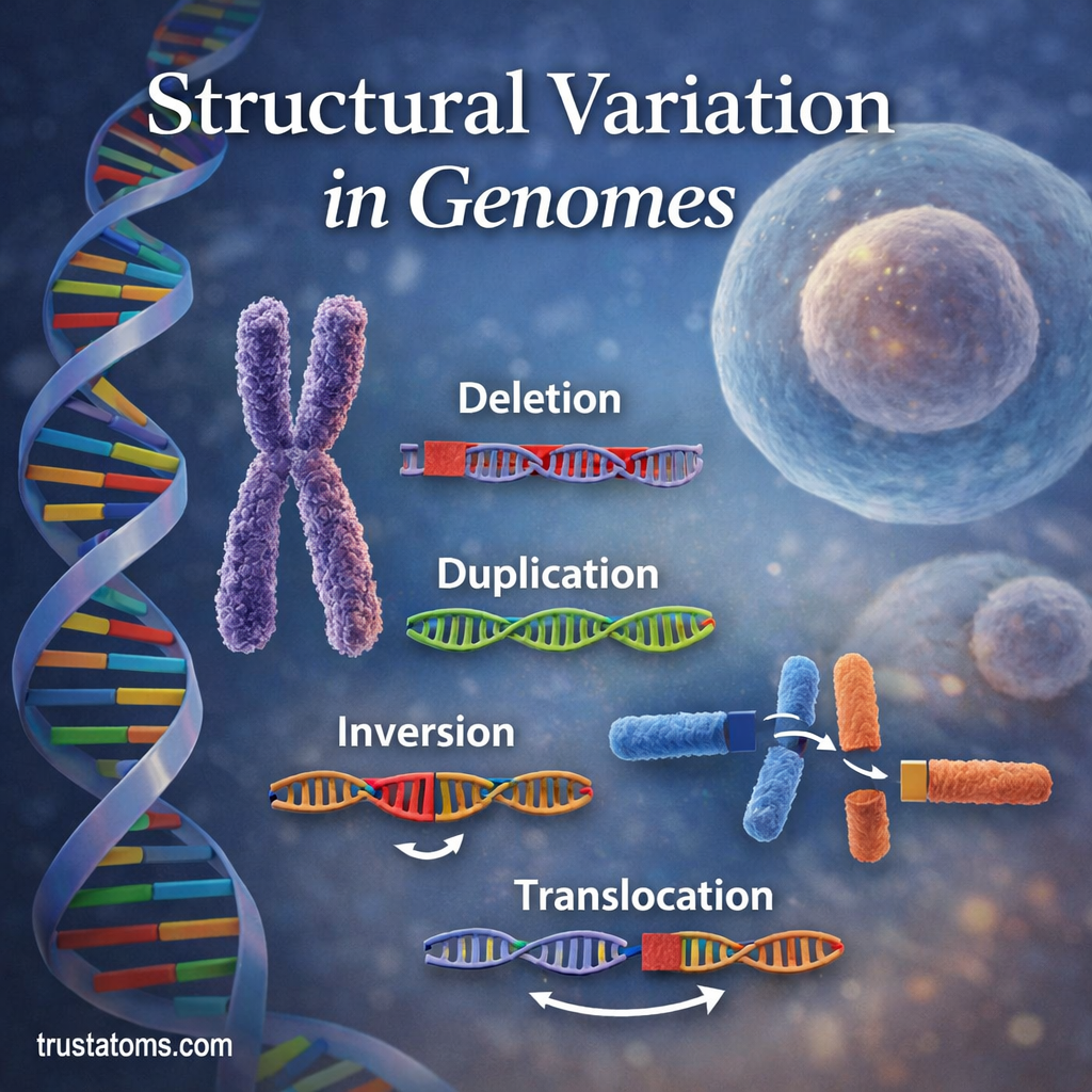 Scientific illustration showing different types of structural variation in genomes including deletion, duplication, inversion, and translocation in DNA.