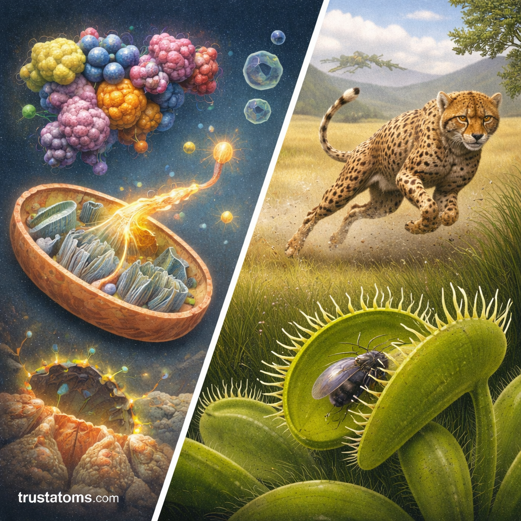 Split illustration showing molecular biological structures and cellular energy production on one side and organism adaptations like a cheetah running and a venus flytrap capturing an insect on the other.