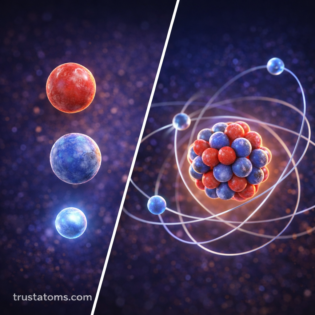Split illustration showing individual subatomic particles on one side and a complete atom structure with nucleus and orbiting electrons on the other.
