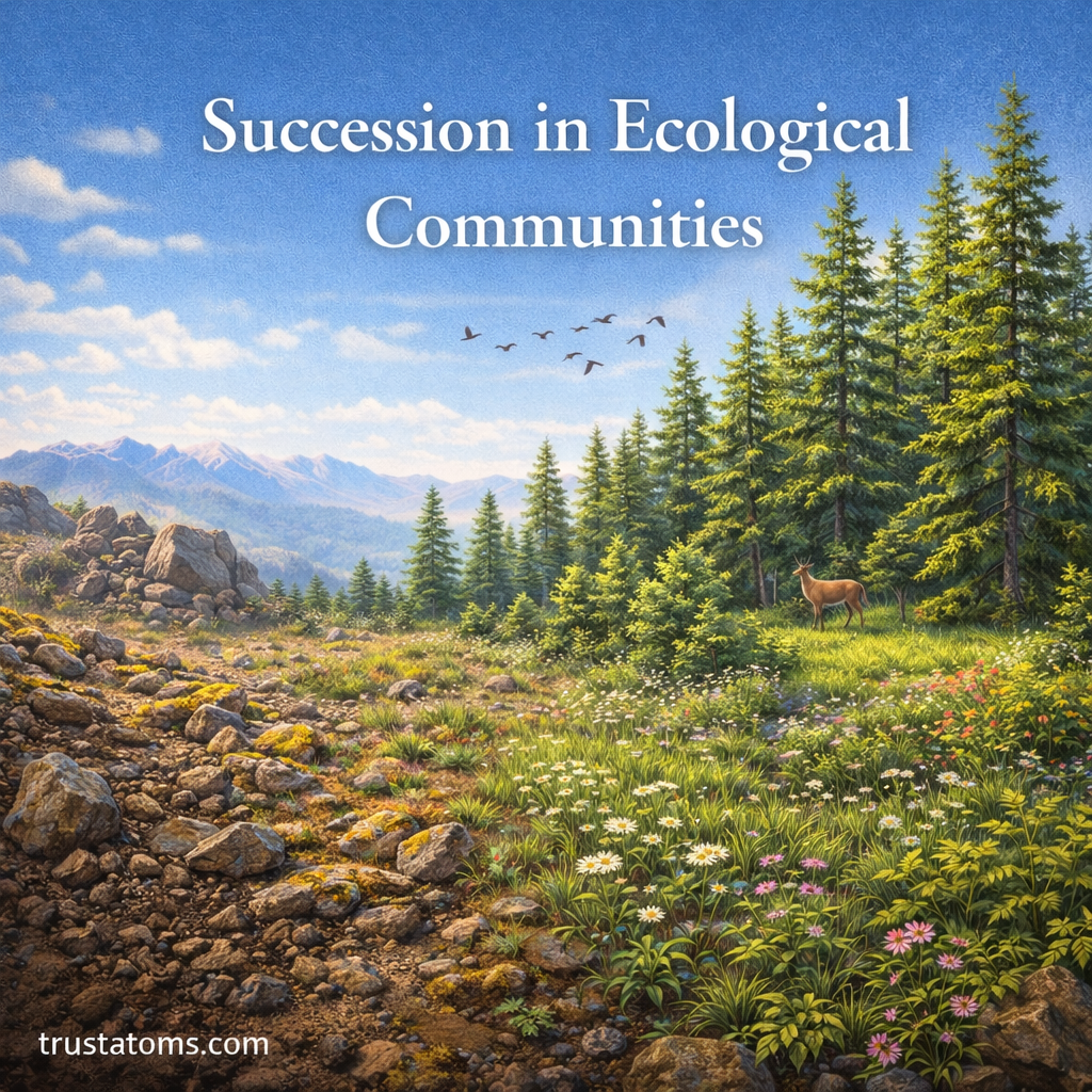 Educational illustration showing stages of ecological succession from bare rock to grasses, shrubs, and a mature forest ecosystem.