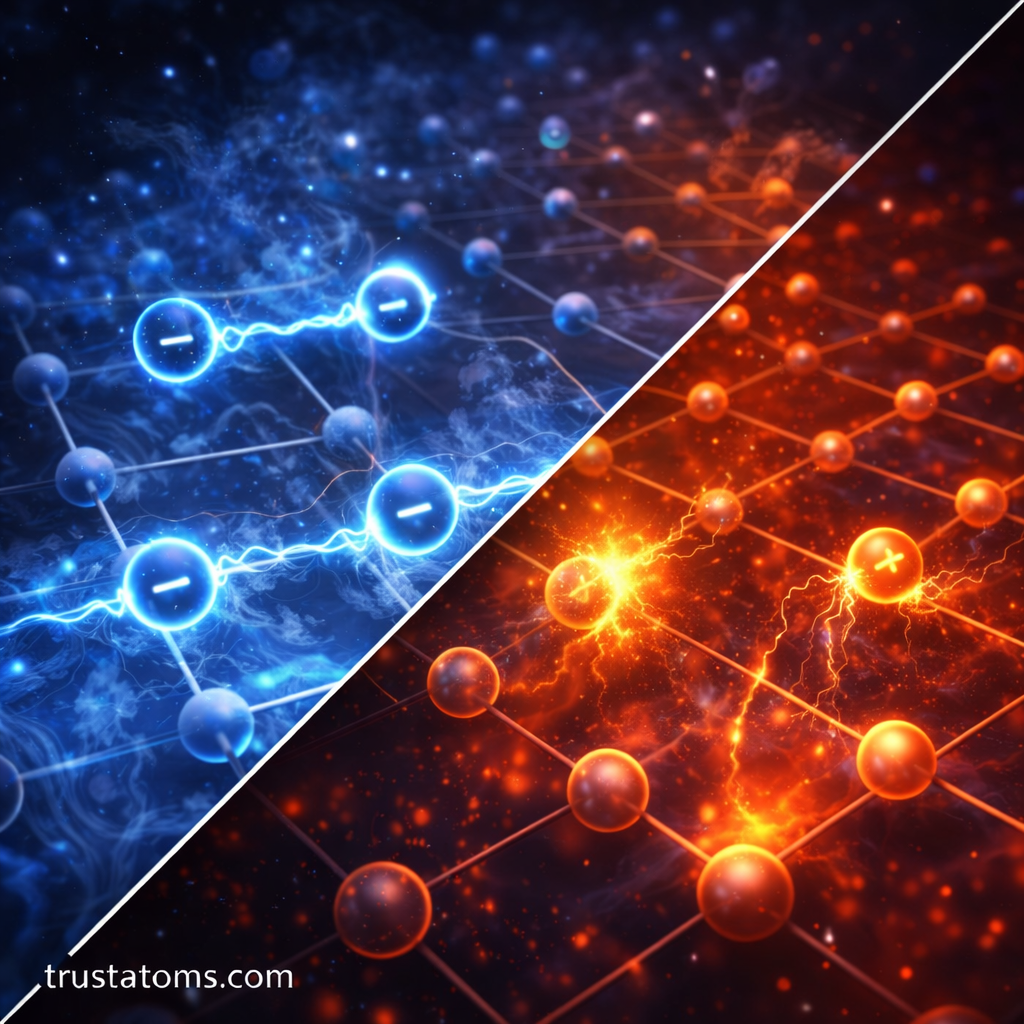 Diagonal split illustration comparing superconducting electron pair flow and normal conductive electron scattering, with trustatoms.com watermark.