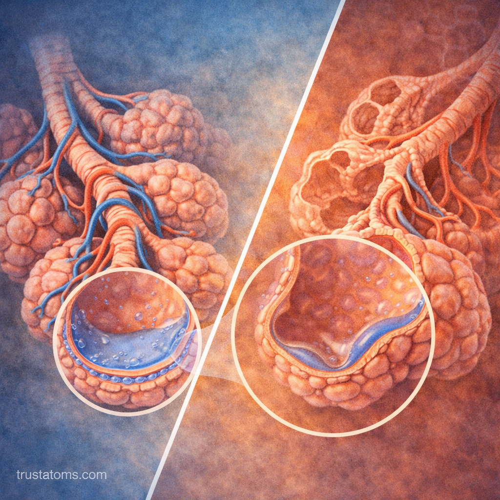 Split diagram comparing healthy alveoli with surfactant to collapsed alveoli without surfactant in the lungs.
