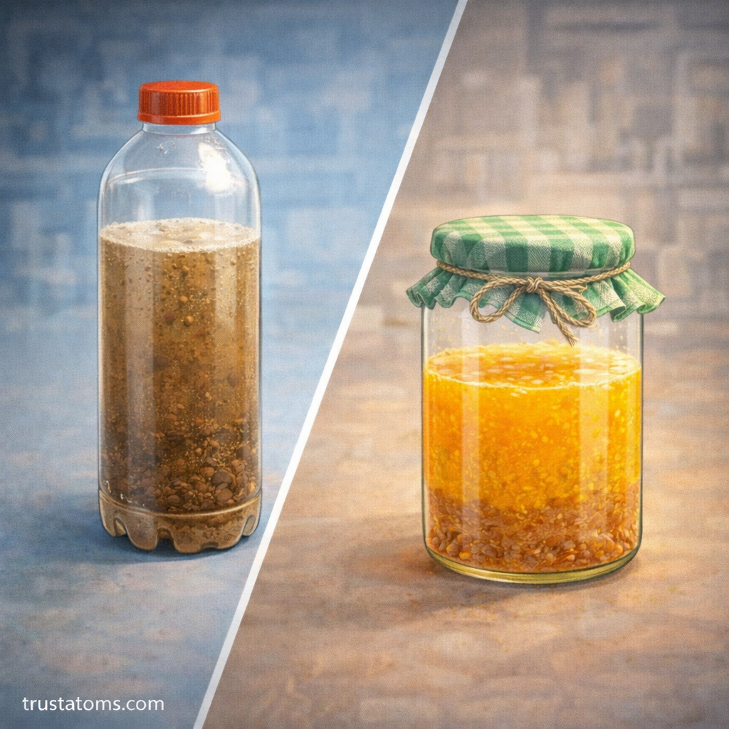 Illustration showing suspension mixtures with visible particles settling in containers such as muddy water in a bottle and pulpy juice in a jar.