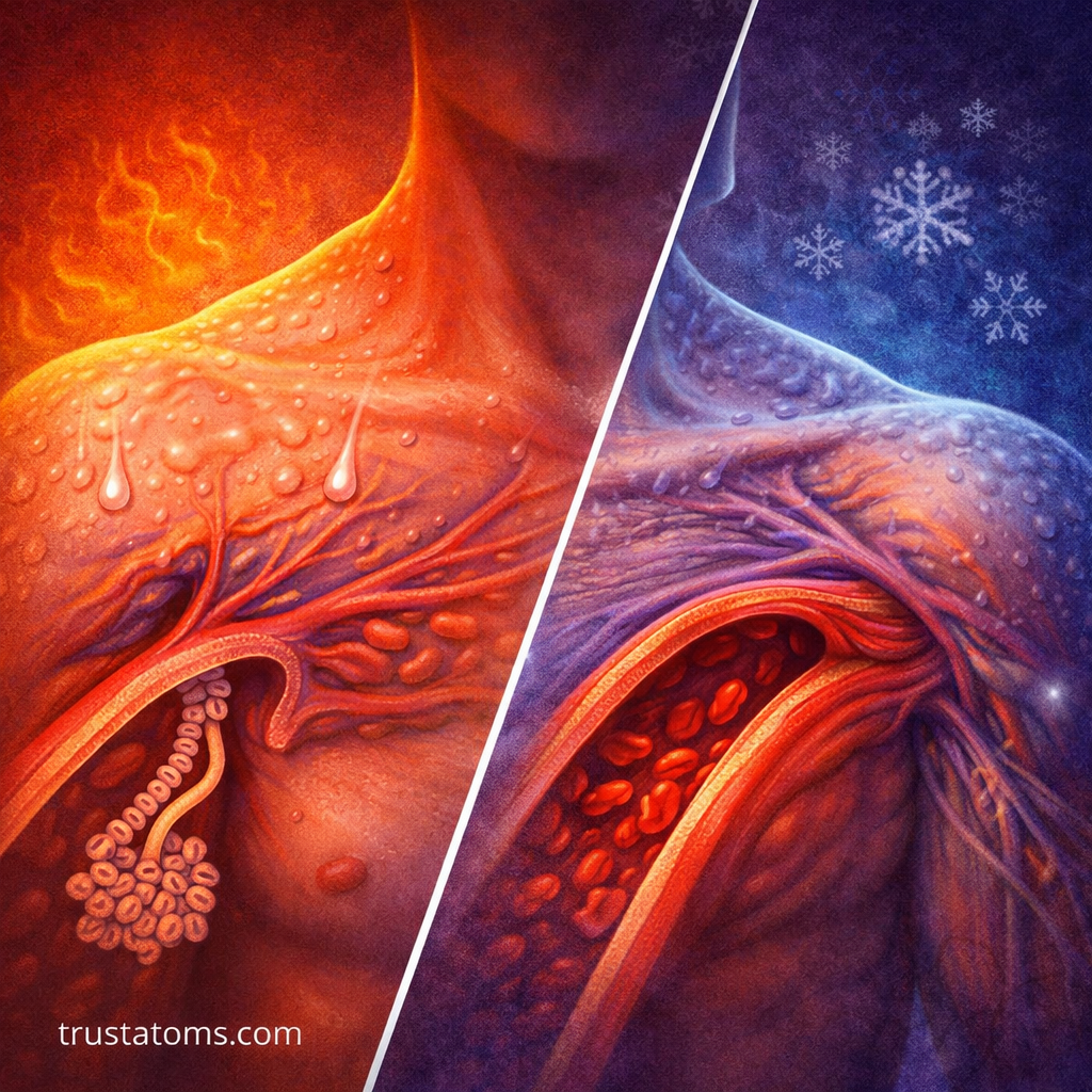 Split illustration showing sweating with vasodilation in heat and shivering with vasoconstriction in cold conditions affecting skin blood flow.