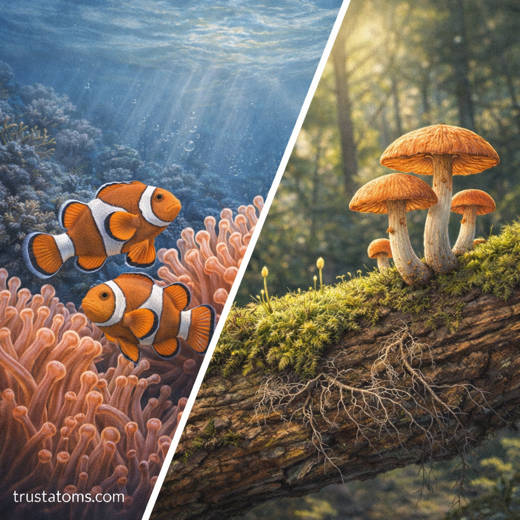 Split illustration showing clownfish living with sea anemones in a coral reef and mushrooms growing with moss on a forest log as examples of symbiosis.