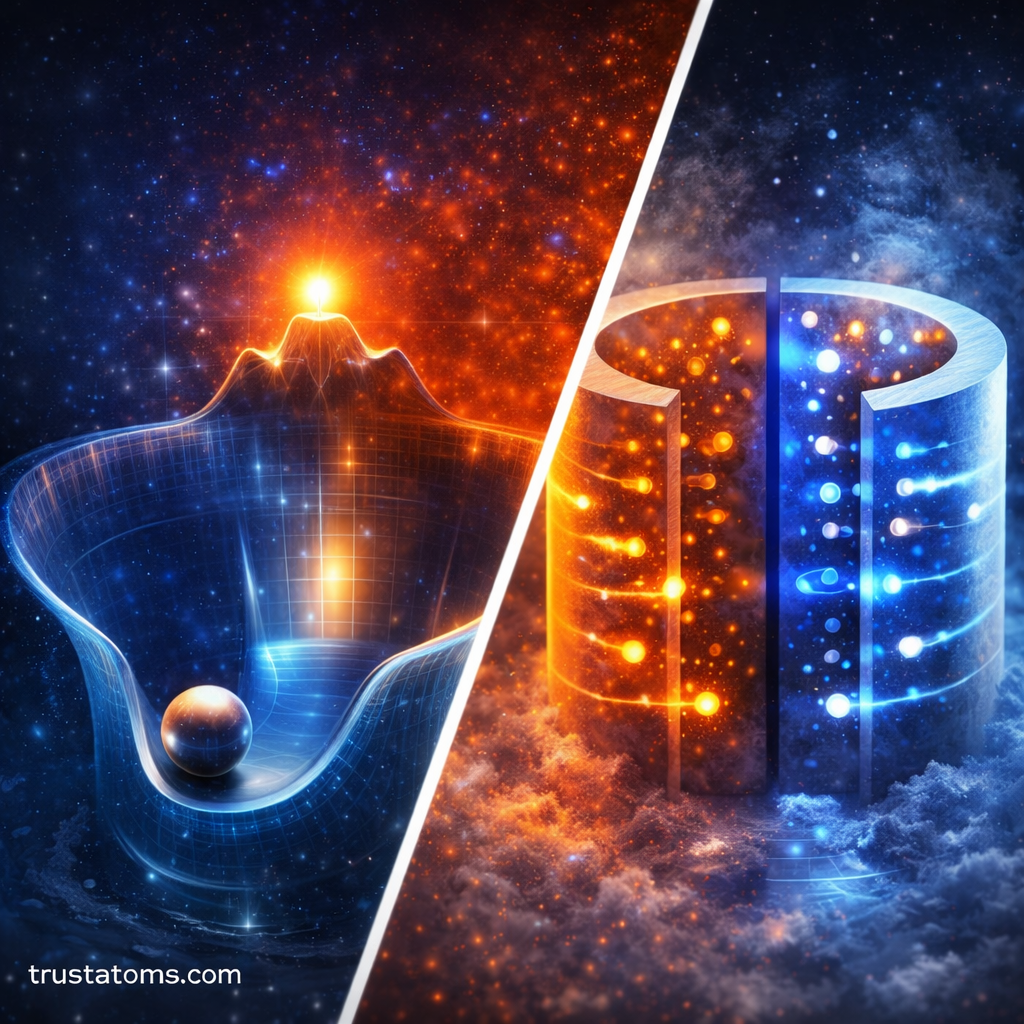 Diagonal split illustration showing an energy landscape with a ball settling into one valley and a material transitioning into superconductivity, representing symmetry breaking in phase transitions with trustatoms.com watermark.