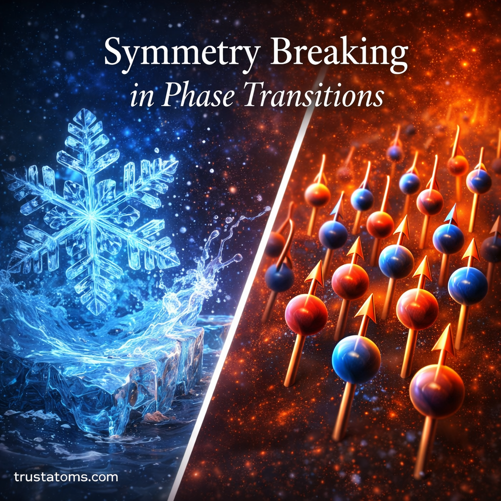 Split illustration showing ice crystal formation from liquid water and aligned atomic spins in a ferromagnet representing symmetry breaking in phase transitions with trustatoms.com watermark.