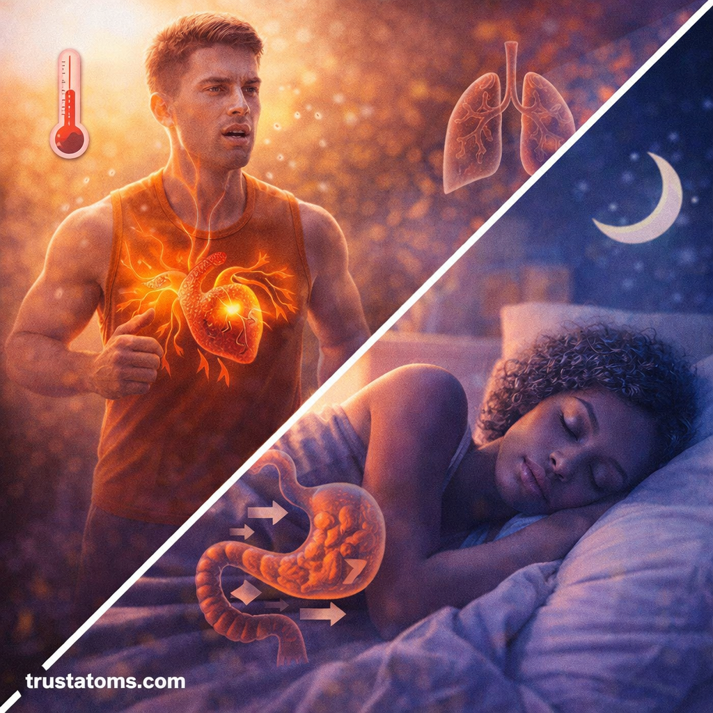 Split illustration showing sympathetic nervous system during exercise and parasympathetic activity during rest and digestion.