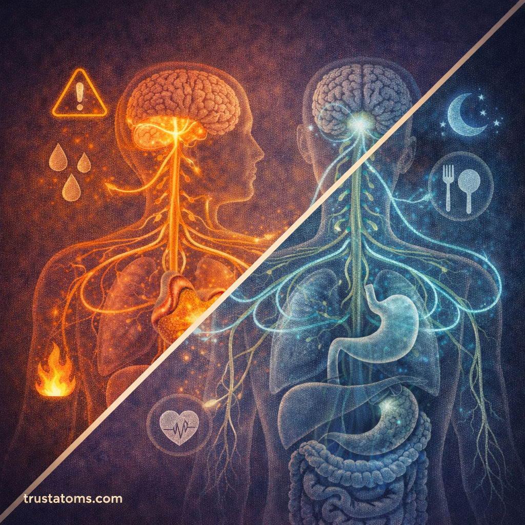 Split illustration comparing the sympathetic and parasympathetic nervous systems, showing fight-or-flight responses on one side and rest-and-digest functions on the other.