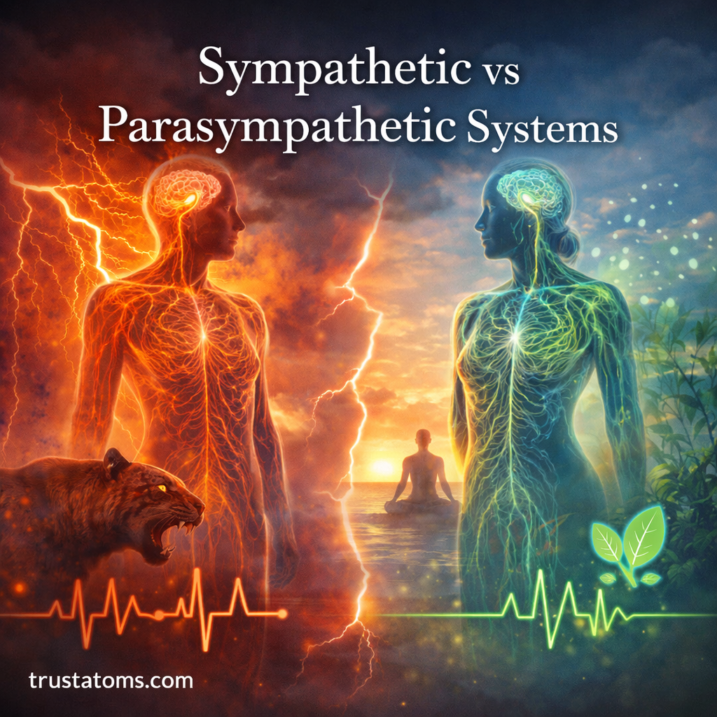 Illustration comparing the sympathetic and parasympathetic nervous systems showing the body’s fight-or-flight response versus rest-and-digest state.