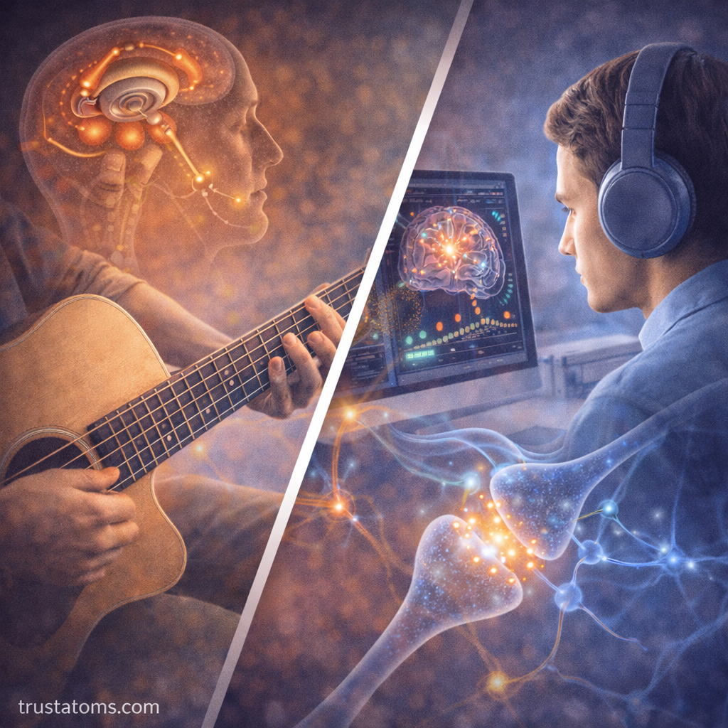 Split illustration showing a person practicing guitar and a brain scan with active synaptic connections, representing learning and neural plasticity.