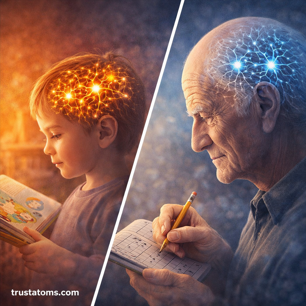 Split illustration showing synaptic pruning in a developing child brain and myelination improving neural signal speed in adolescence.