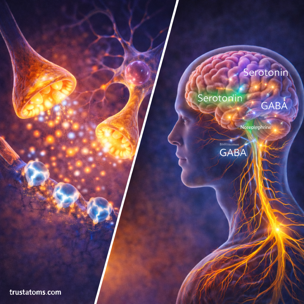 Split educational illustration showing neurotransmitters crossing a synapse on one side and a human brain highlighting dopamine, serotonin, GABA, acetylcholine, and norepinephrine.
