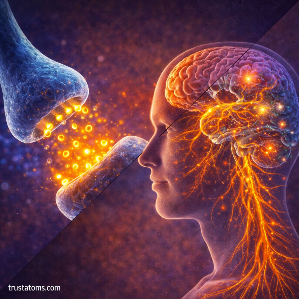 Split educational illustration showing neurotransmitters crossing a synapse between two neurons and neural signaling activity in the human brain.