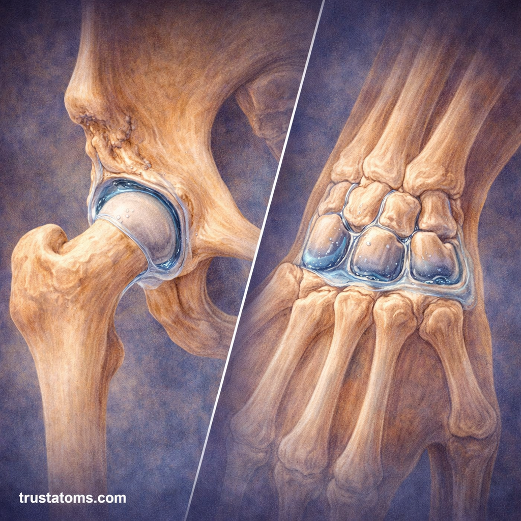Split illustration of a hip joint and wrist joint showing synovial fluid lubricating cartilage surfaces.