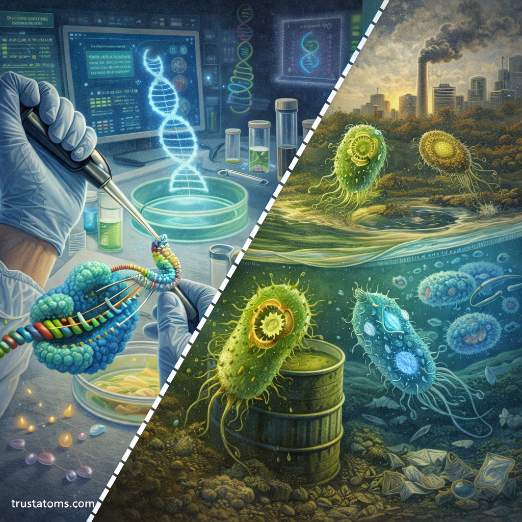Split illustration showing synthetic biology gene editing in a laboratory and engineered microbes breaking down pollution in an environmental cleanup setting.