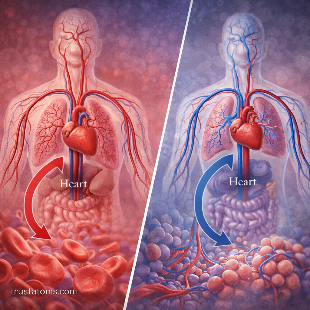Split diagram showing systemic circulation through the body and pulmonary circulation between the heart and lungs.
