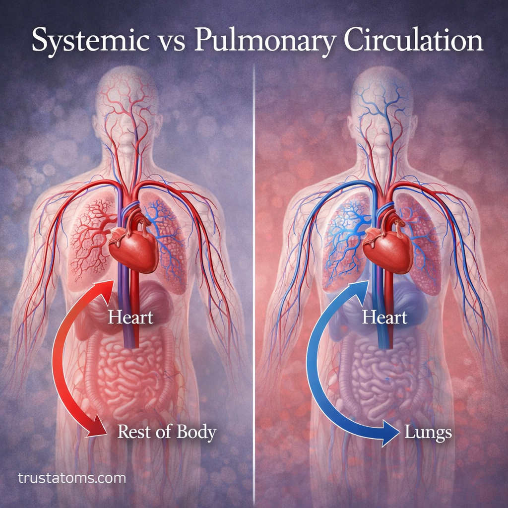Diagram comparing systemic and pulmonary circulation showing blood flow between the heart, lungs, and body.