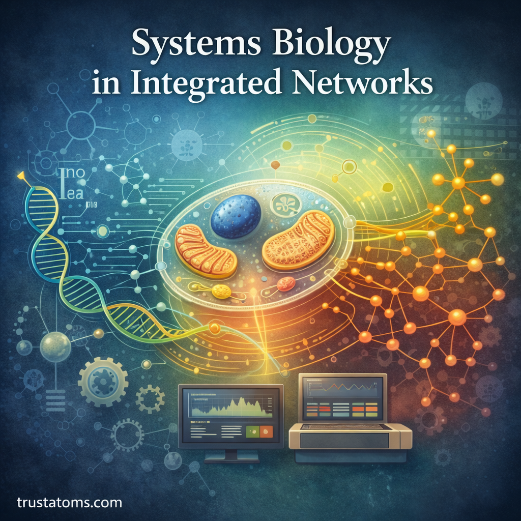Illustration of systems biology showing a cell connected to gene, protein, and metabolic networks with computational analysis.
