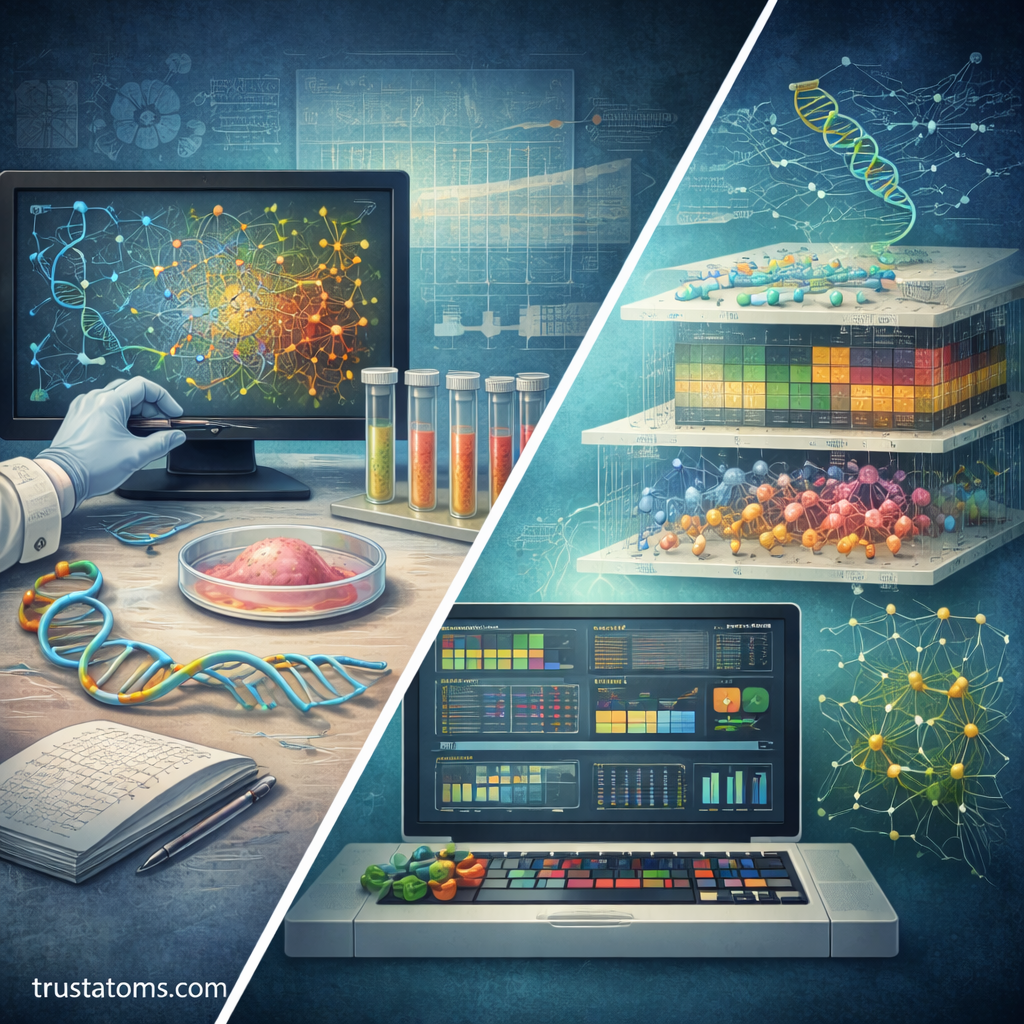 Split diagram showing systems biology workflow with laboratory biological samples analyzed through multi-omics data and integrated network modeling on computers.