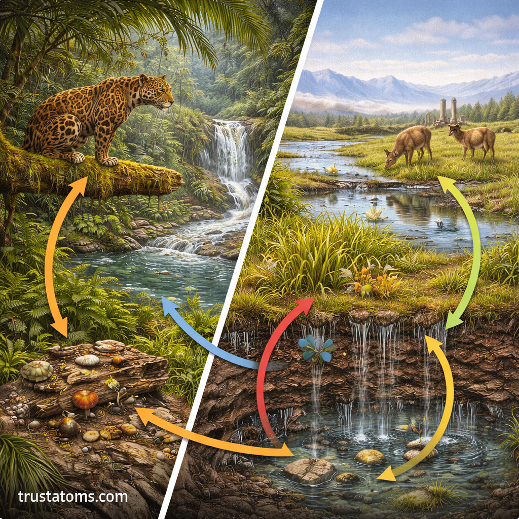 Split educational illustration comparing a tropical rainforest ecosystem and a tundra wetland ecosystem showing nutrient flow and species interactions.