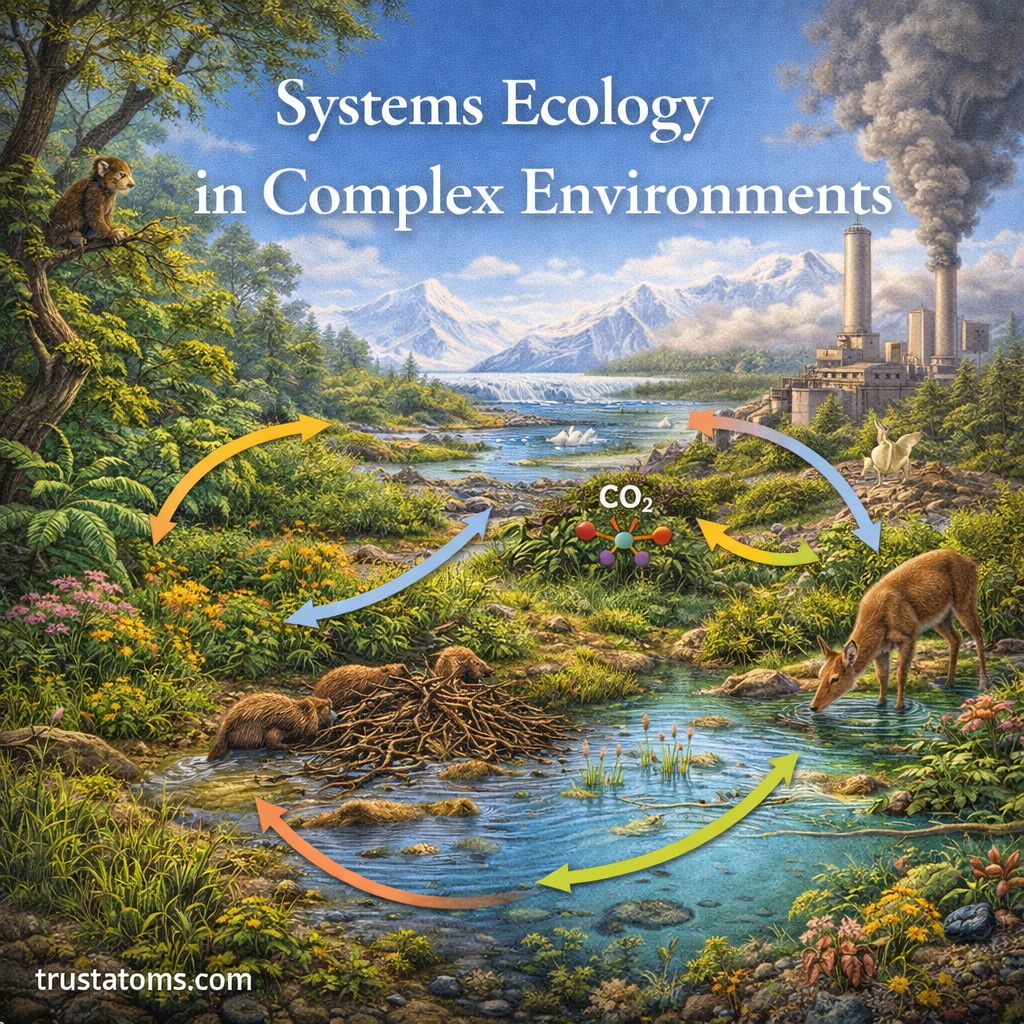 Educational ecosystem diagram showing interconnected environments such as forests, rivers, mountains, wildlife, and human industry representing systems ecology interactions.