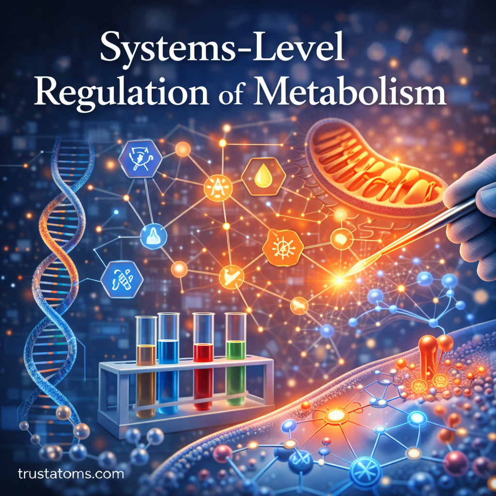 Illustration showing metabolic networks with mitochondria, DNA, enzymes, and interconnected pathways representing systems-level regulation of metabolism.