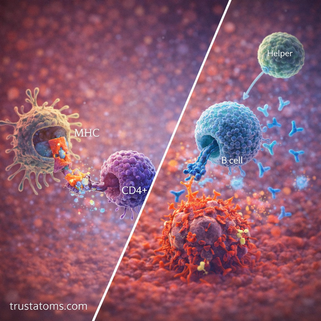 Split illustration showing T cell activation via antigen presentation and B cell activation producing antibodies.