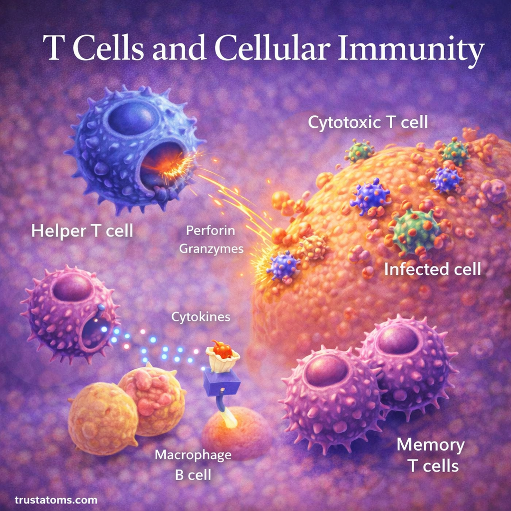 Illustration showing T cells and cellular immunity with helper T cells, cytotoxic T cells, memory T cells, and infected cell interaction.