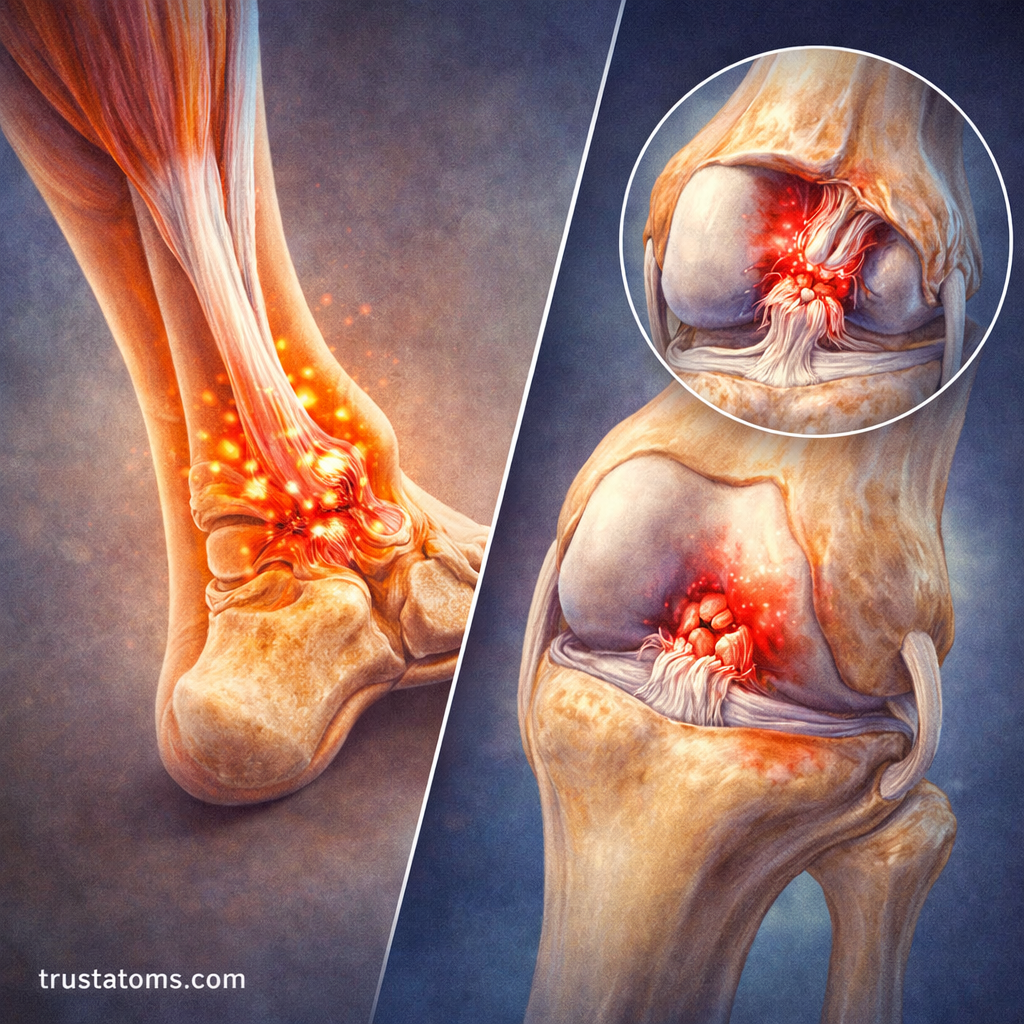 Split illustration showing Achilles tendon inflammation and a knee ligament tear to compare common tendon and ligament injuries.