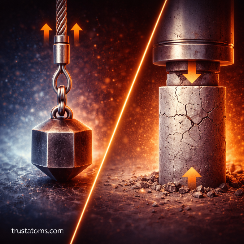 Split illustration showing tensile stress stretching a steel cable with a hanging weight and compressive stress crushing a concrete column.