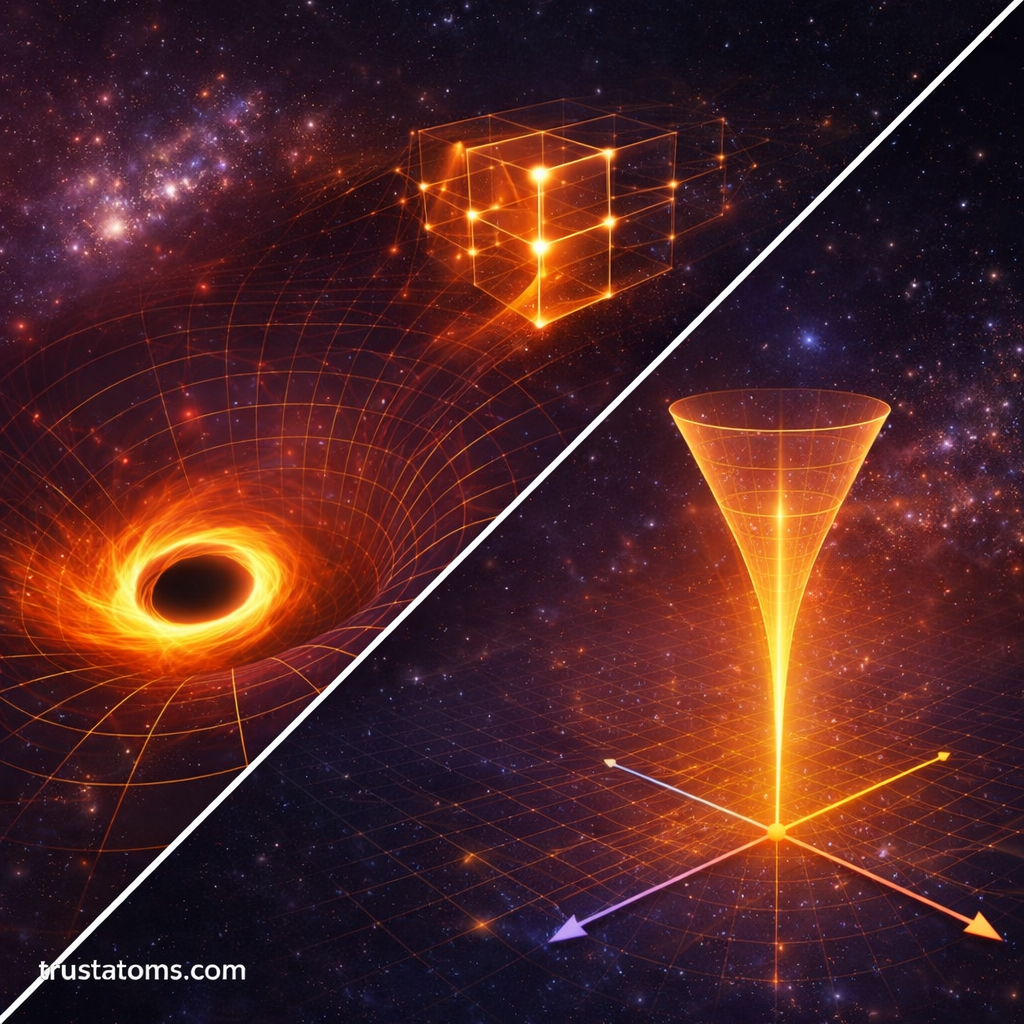 Diagonal split illustration showing curved spacetime around a black hole on one side and a spacetime light cone diagram on the other, representing tensor geometry in relativity, with trustatoms.com watermark.