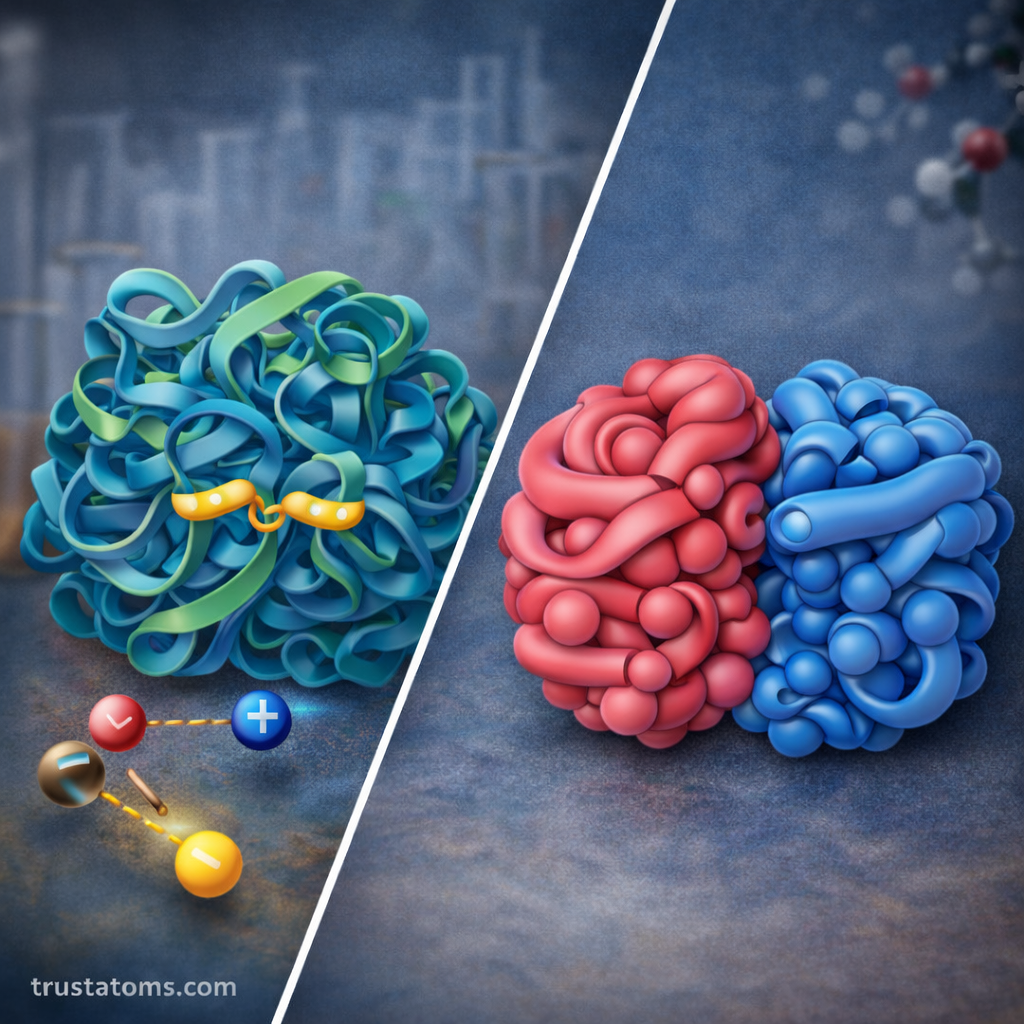 Split illustration comparing tertiary protein folding with quaternary protein structure formed by multiple interacting subunits.