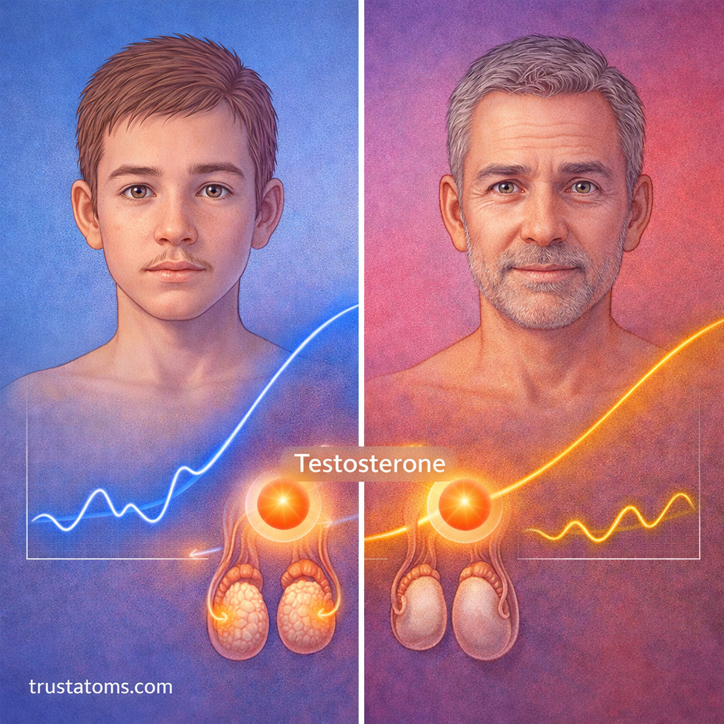 Split illustration showing testosterone levels in males from puberty to aging with visual changes in appearance and hormone trends.