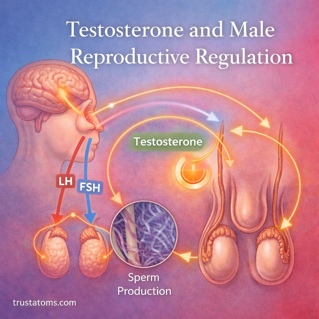 Illustration of testosterone regulation showing hypothalamus, pituitary gland, testes, and sperm production in the male reproductive system.