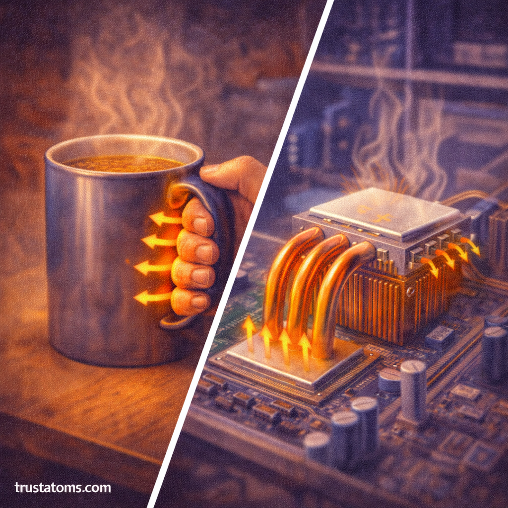 Split illustration showing heat transferring through a metal mug and heat dissipating from a computer processor with copper heat pipes.