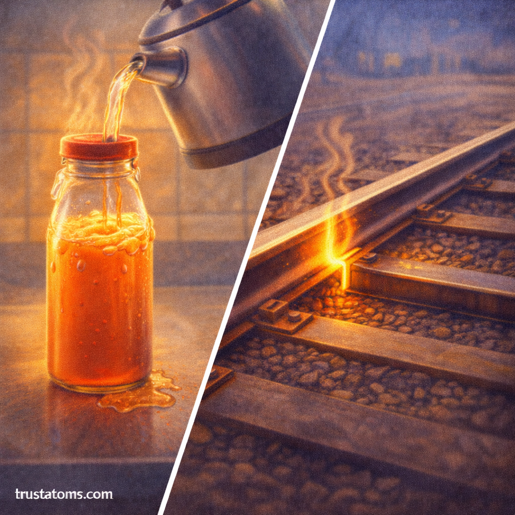 Split illustration showing heated liquid expanding and overflowing from a jar and railway tracks expanding to close a gap due to thermal expansion.