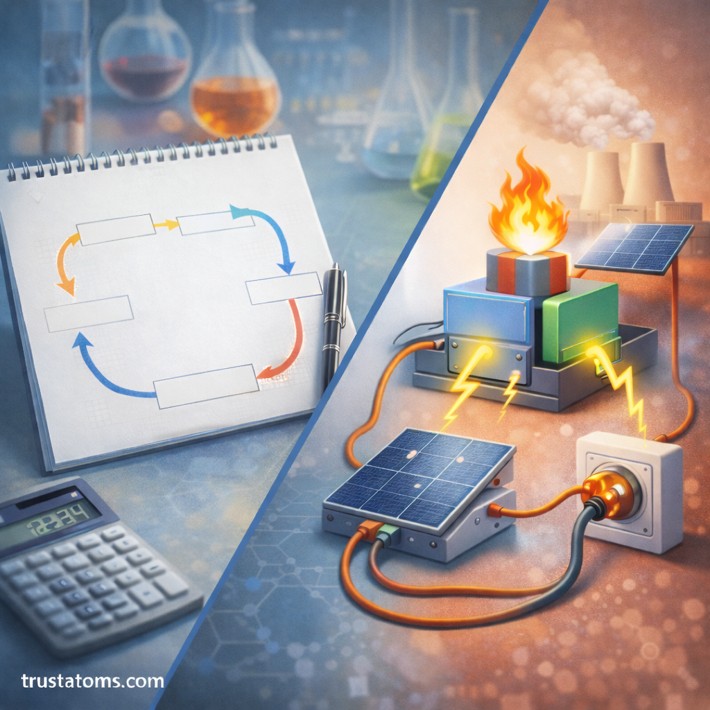 Split illustration showing a simple thermochemical cycle diagram in a laboratory setting and an energy system with fuel combustion and electricity generation.