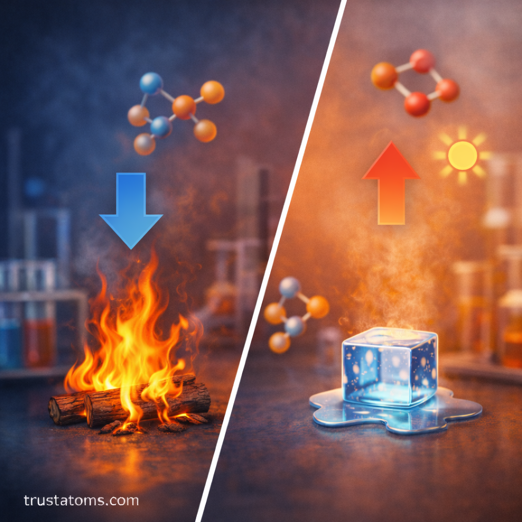 Split illustration showing heat released from combustion and heat absorbed during melting ice to explain thermochemistry.