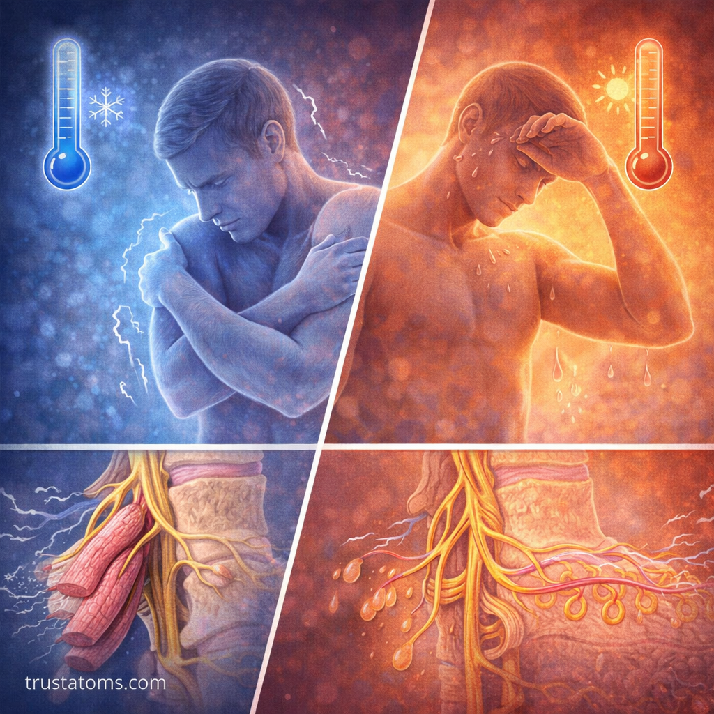 Split illustration showing shivering in cold conditions and sweating in heat, along with underlying muscle and sweat gland activity.