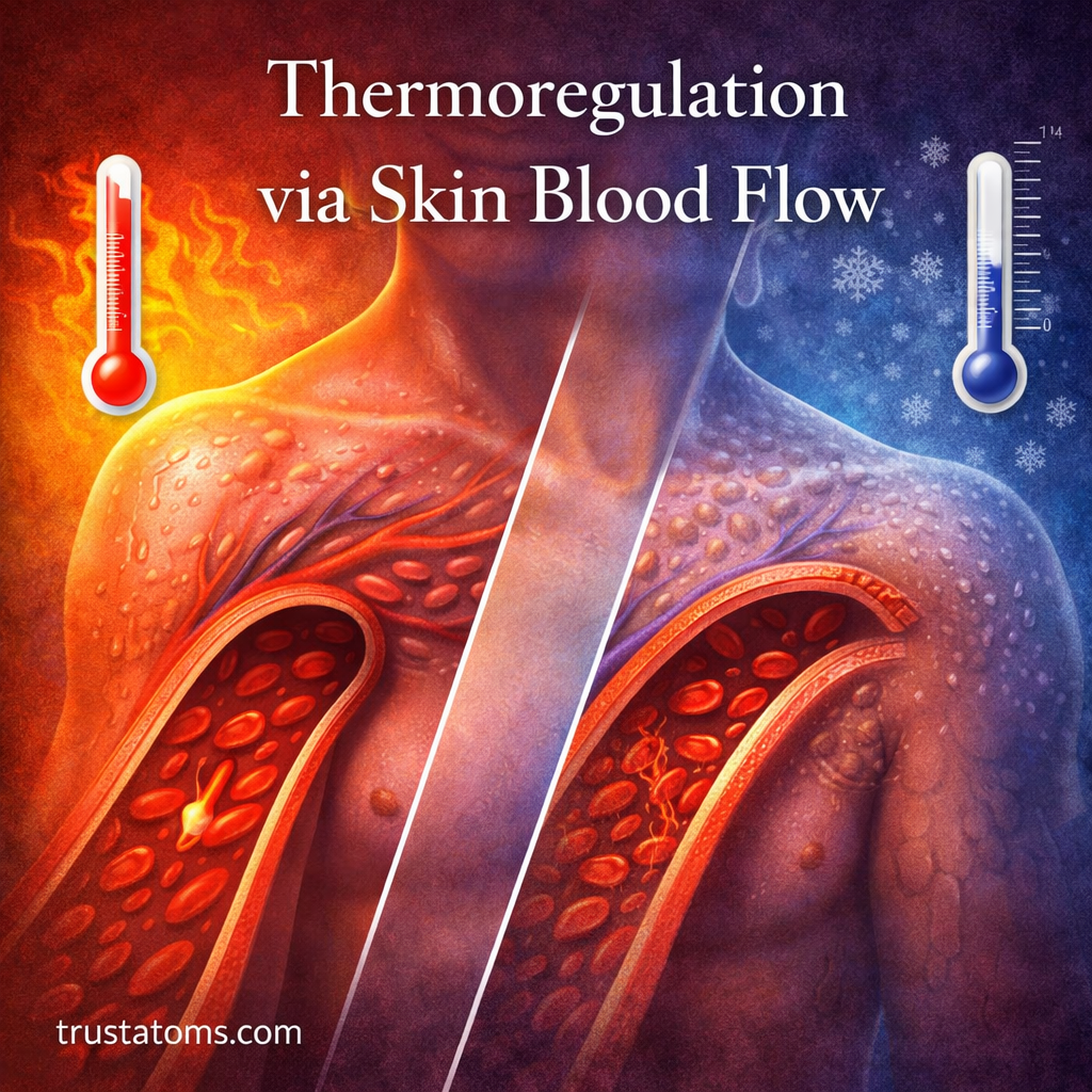 Illustration showing thermoregulation via skin blood flow with vasodilation in heat and vasoconstriction in cold conditions.