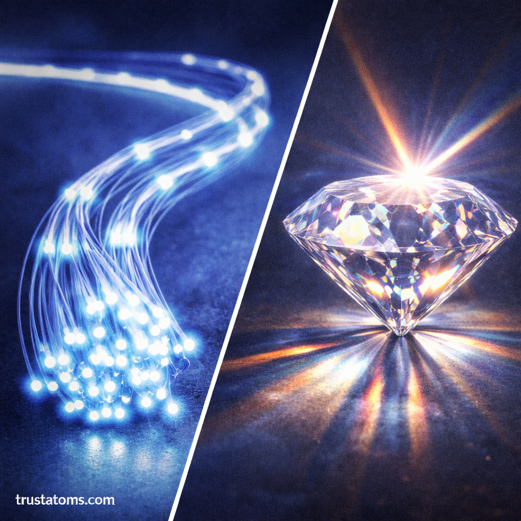 Split illustration showing light traveling through fiber-optic cables and sparkling inside a diamond demonstrating total internal reflection.