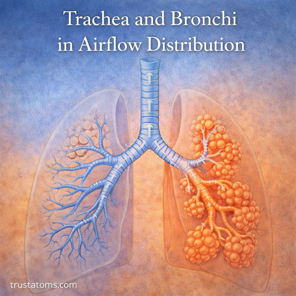 Diagram showing airflow moving through the trachea into branching bronchi and lungs.